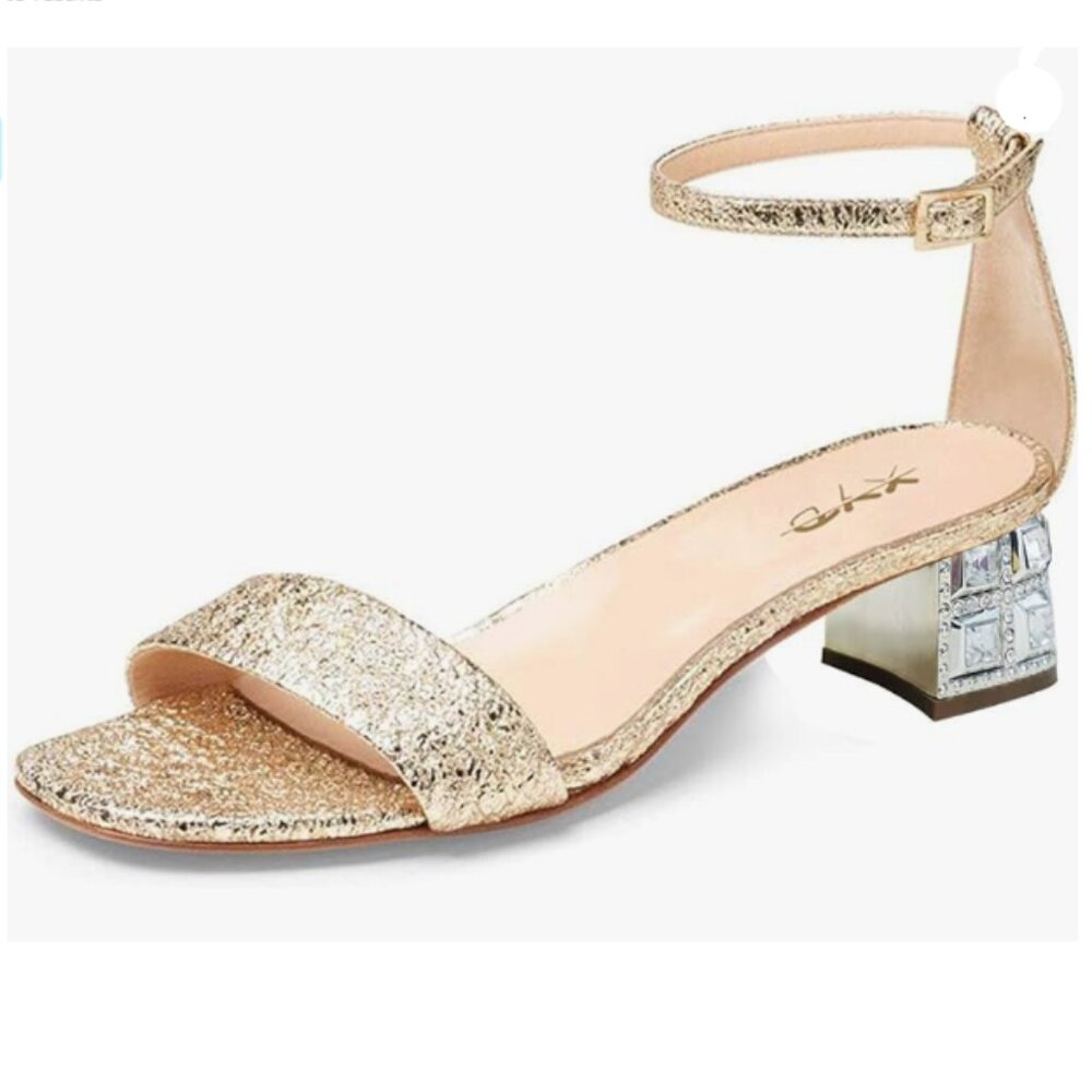 XYD Gold Open Toe Strappy Sparkly Block Low Heel Sandal Ankle Strap Buckled Shoe